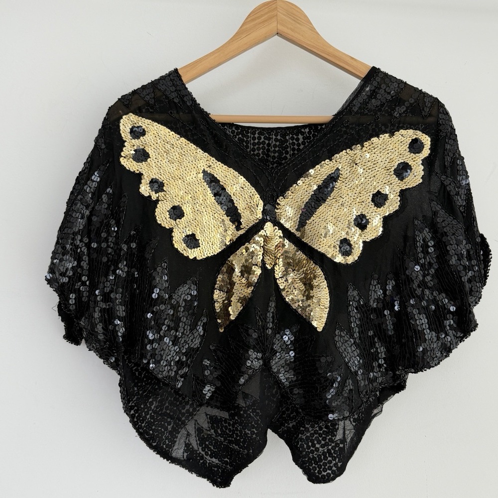 Vintage Silk Sequin Butterfly Top Beaded Poncho Cape Blouse Black Gold